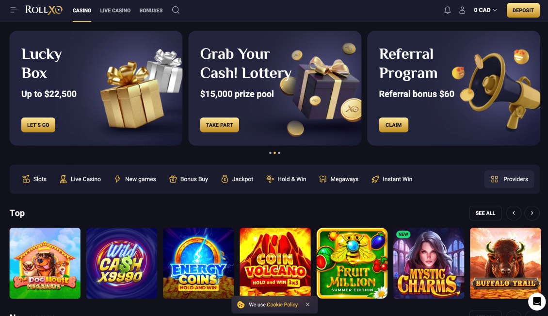 RollXO Casino lobby with 10,000+ slot games