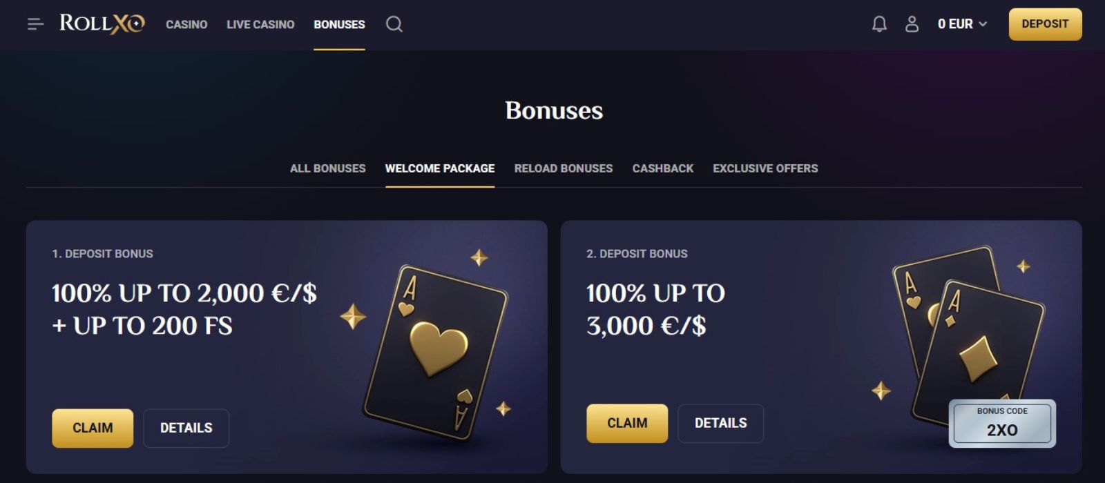 RollXO Casino promotions and bonuses page